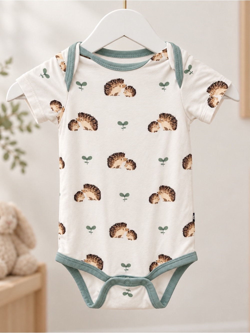 Kyte BABY White Hedgehog Print One-Piece with Sage Trim
